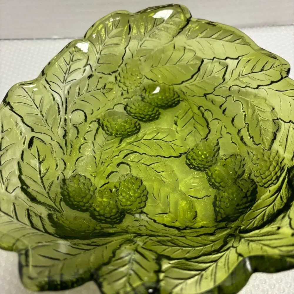 Indiana Glass Loganberry 606 Green Candy Bowl, Embossed Leaves and Berries
